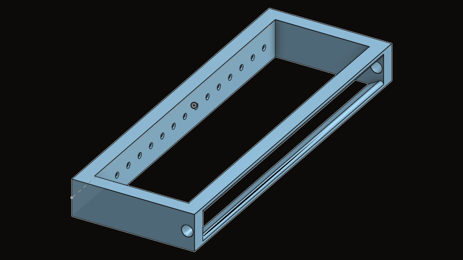 CAD model of the thruster frame with a row of holes along one rail for adjusting electrode spacing