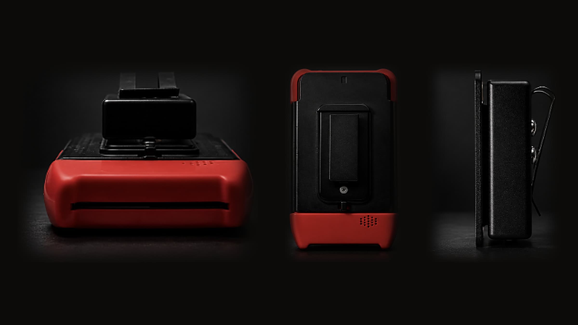 Three views of the Quick-Clip card reader mount in red and black