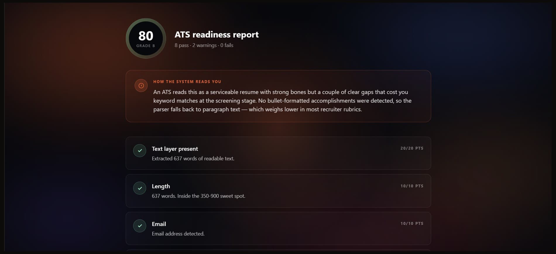 Redense ATS readiness report showing a score of 80