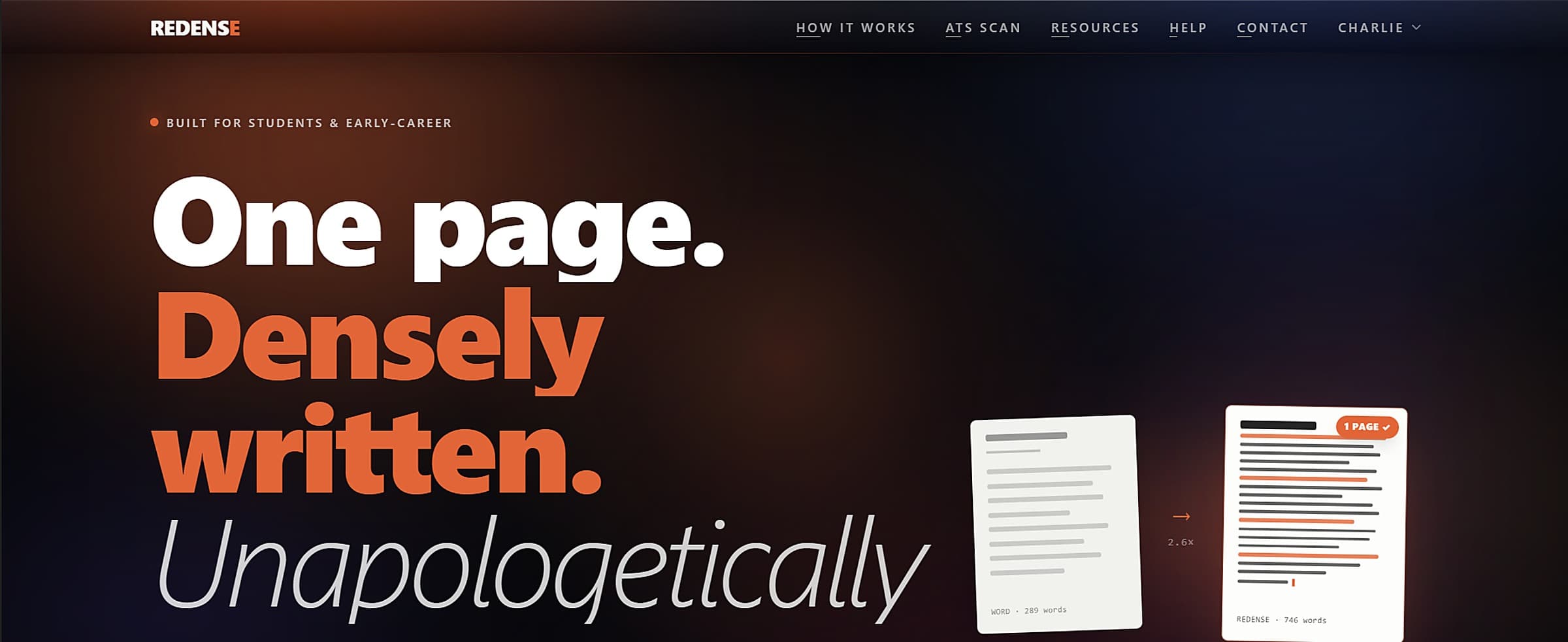 The Redense home page: One page. Densely written. Unapologetically you.