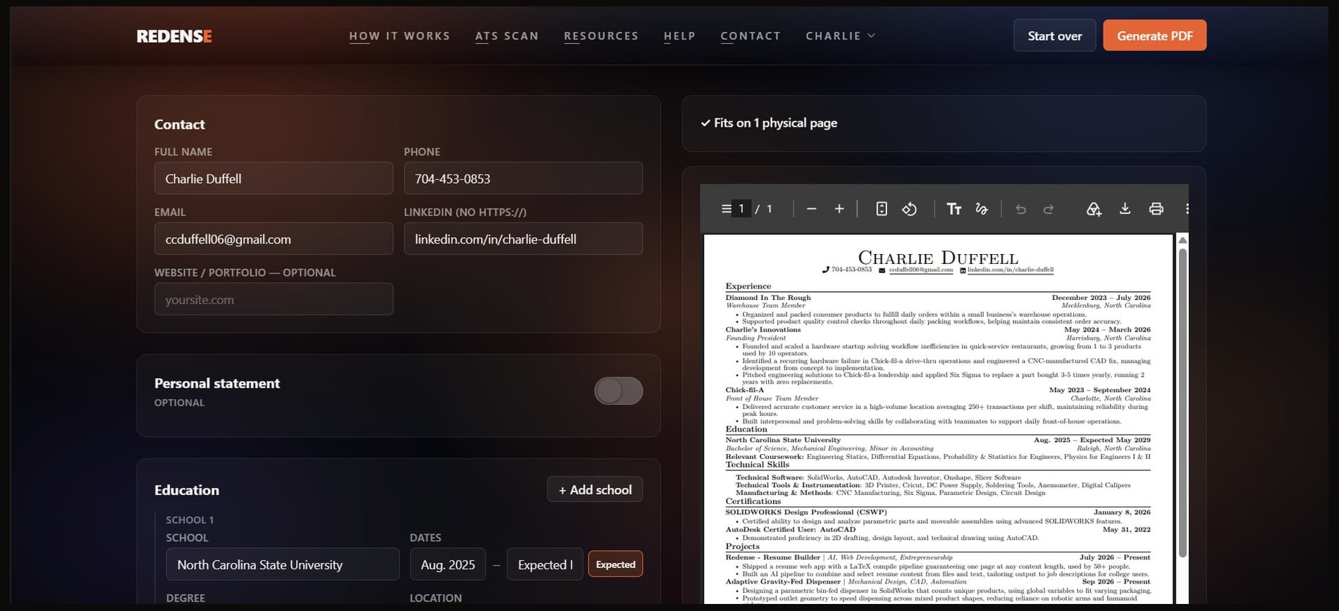 The Redense editor with a live one-page PDF preview