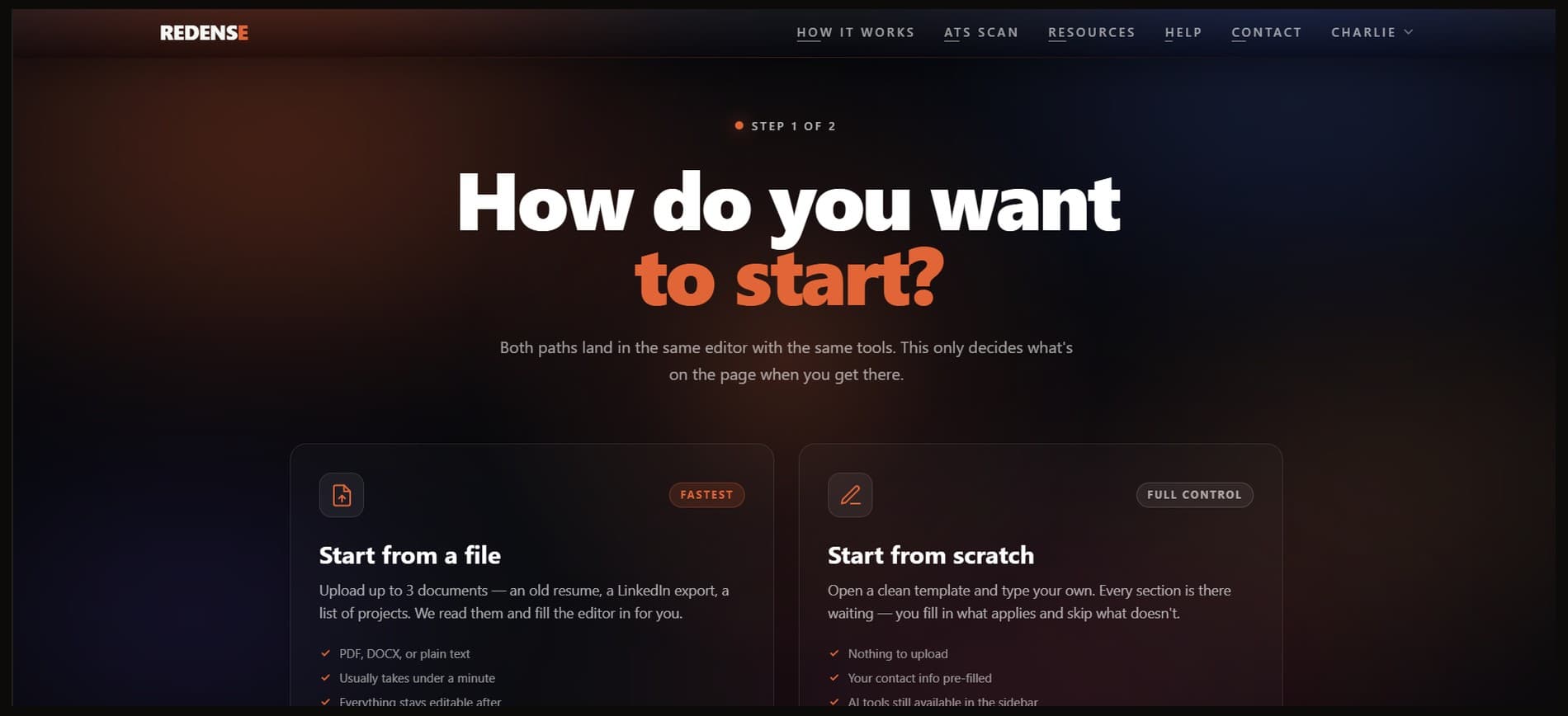 Redense onboarding: start from a file or start from scratch